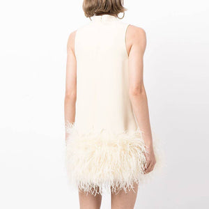 DR043 Ostrich Feather Turtleneck Sleeveless Shift Dress: White / English / M Productseeker