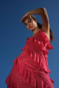 Mermaid Asymmetric Ruffle Dress: Watermelon / Standard pītusa