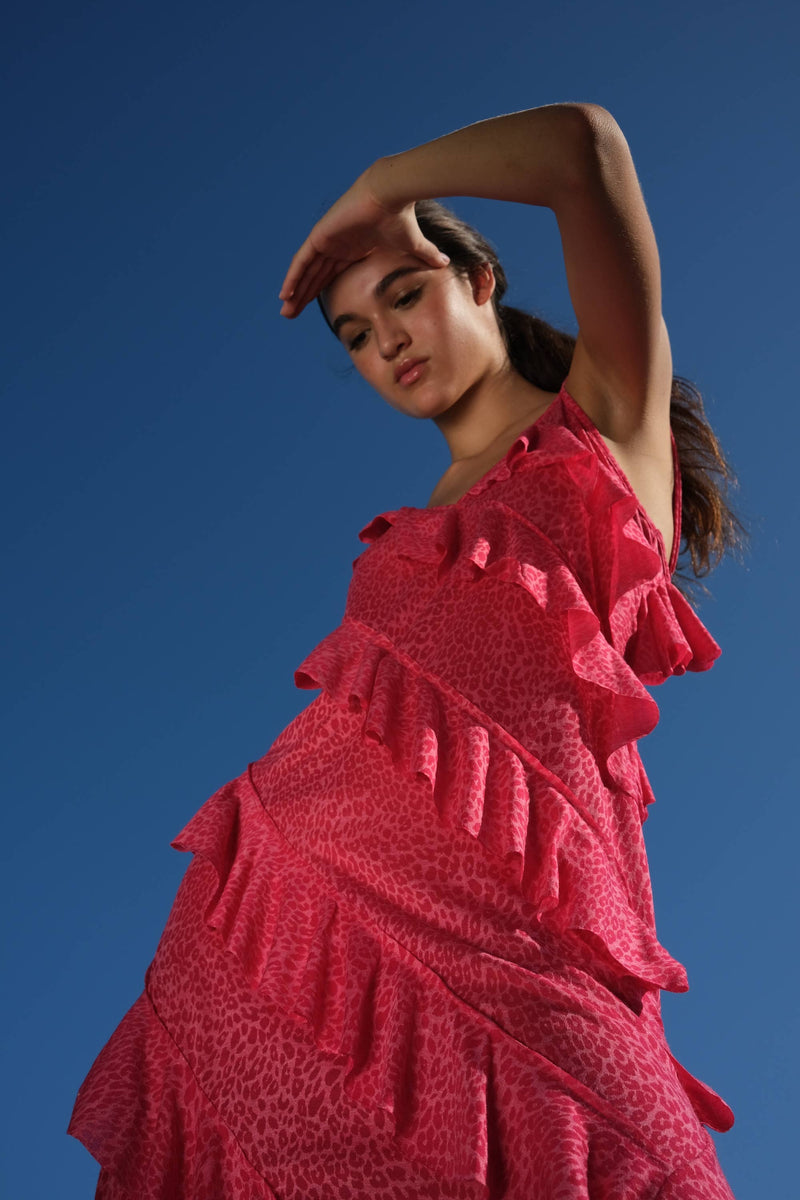 Mermaid Asymmetric Ruffle Dress: Watermelon / Standard pītusa