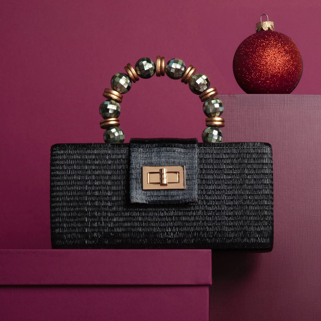 Christmas Evening  Bag - Black with Shell Inlay Bead Handle Soli & Sun