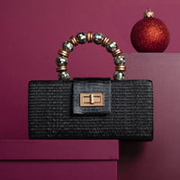 Christmas Evening  Bag - Black with Shell Inlay Bead Handle Soli & Sun