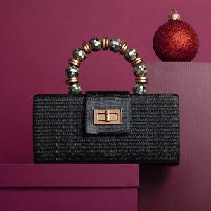 Christmas Evening  Bag - Black with Shell Inlay Bead Handle Soli & Sun