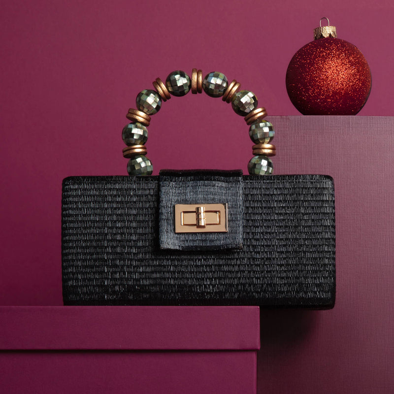 Christmas Evening  Bag - Black with Shell Inlay Bead Handle Soli & Sun