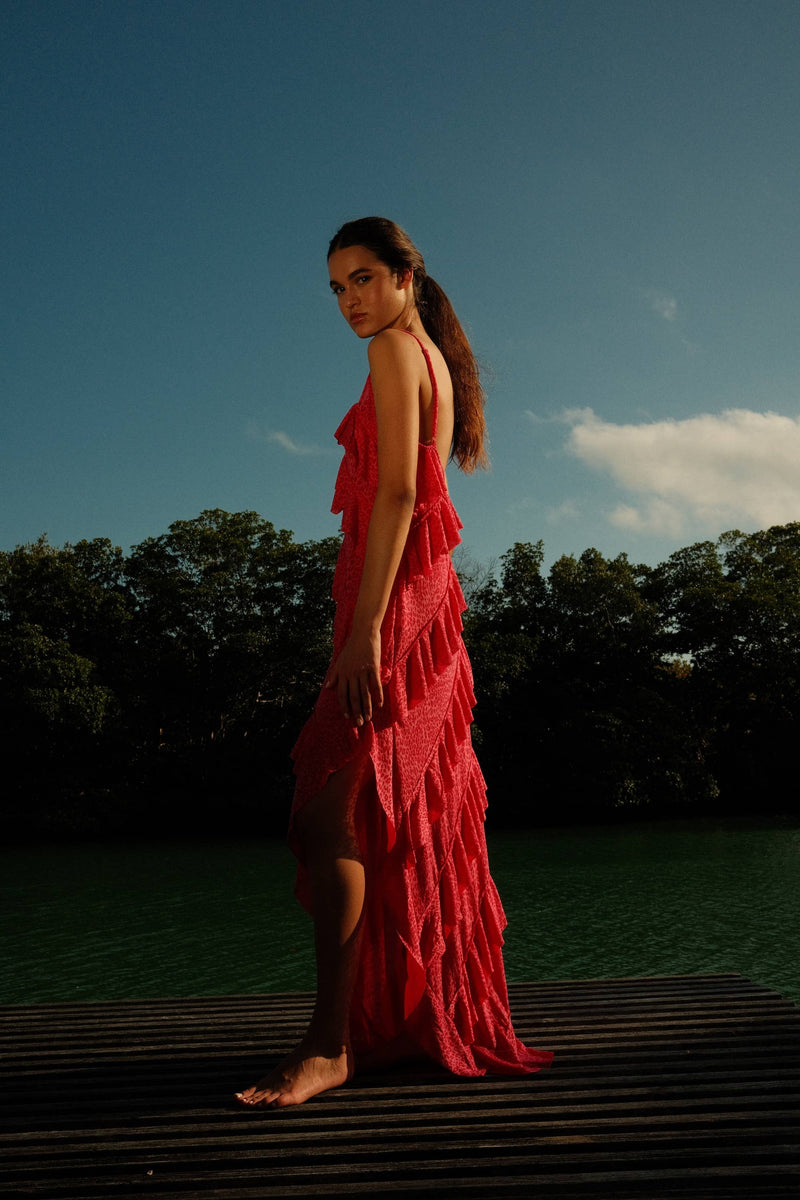 Mermaid Asymmetric Ruffle Dress: Watermelon / Standard pītusa