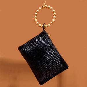 Black Woven Luxe Gold Bead Handle Wristlet Pouch  | Summer Soli & Sun