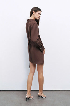 Nocturne Mini Dress with Gold Accessory Detail in Coffee NOCTURNE
