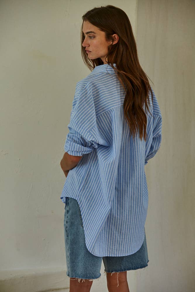 L8287 | Woven Cotton Polyester Striped Buttondown Shirt: Denim Blue / S By Together