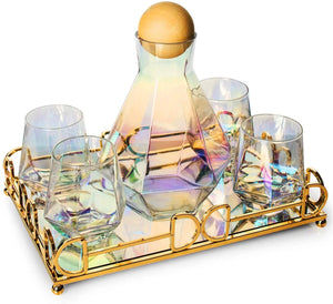 Diamond Iridescent Tray & Glasses decanter set The Wine Savant / Khen Glassware