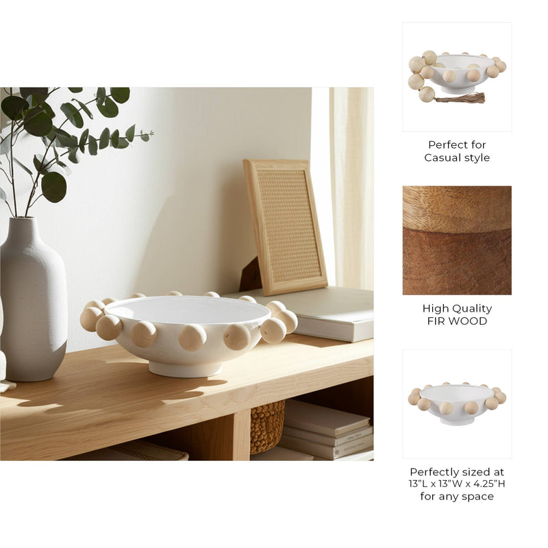 Fir Wood Metal Casual Novelty Sphere Bowl - White, 13 in. Sagebrook Home