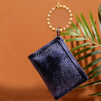 Navy Blue Woven Gold Bead Handle Wristlet Pouch  | Resort Soli & Sun