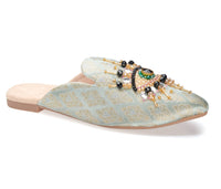 Pointed Toe Artisanal Good Eye Mint Women's Mule Slipper Shoes with Embroidery - Million Dollar Style