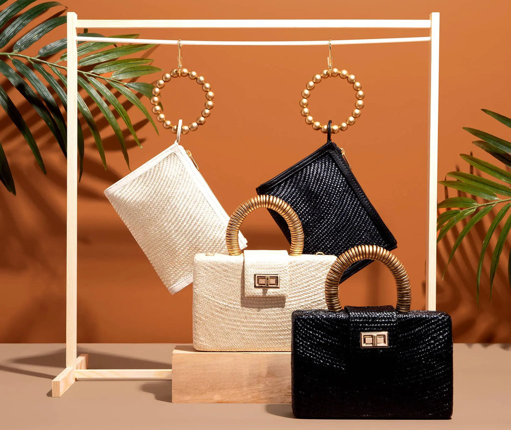 Soli & Sun Black Straw Clutch bag rattan woven Resort Gold Bead Top Handle bag Soli & Sun