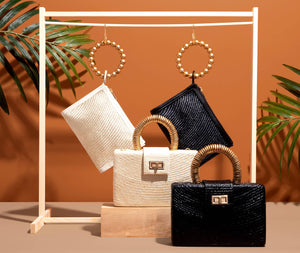 Black Straw Clutch | Gold Bead Handle | Summer Resort 2025 Soli & Sun