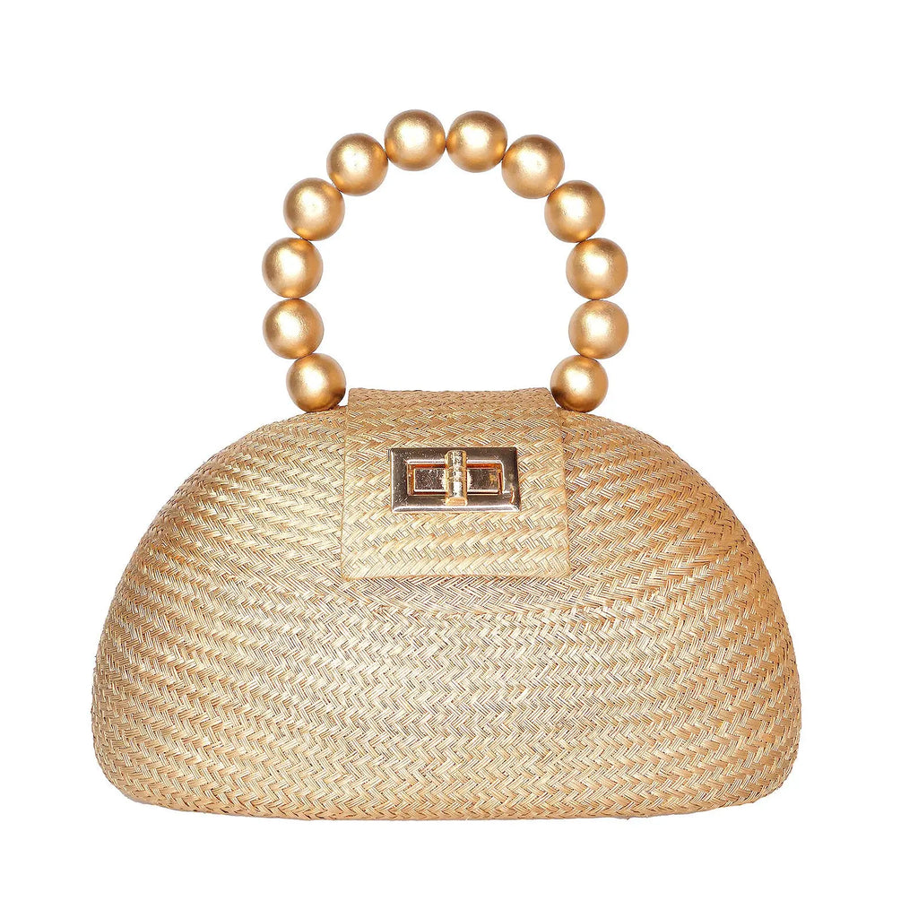 Gold Straw Clutch | Gold Bead Handle | Summer Resort 2025 Soli & Sun