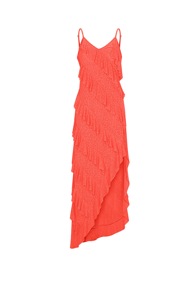 Mermaid Asymmetric Ruffle Dress: Watermelon / Standard pītusa