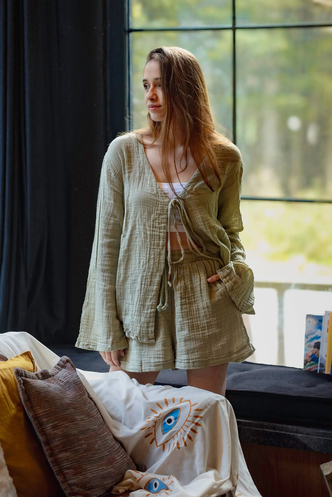 Green Sage 100% Organic Cotton Top & Shorts Set Crinkle Cotton Lounge Wear Moa