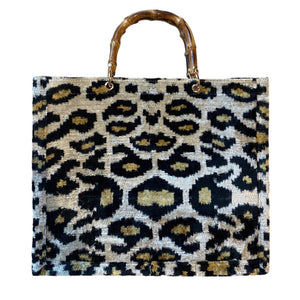 Silk Velvet Ikat Large Tote Bag with Bamboo Handle AYCA DESIGN