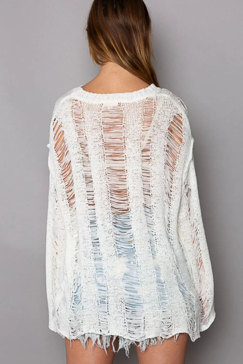 POL Distressed Round Neck Long Sleeve Knit Cover Up Trendsi