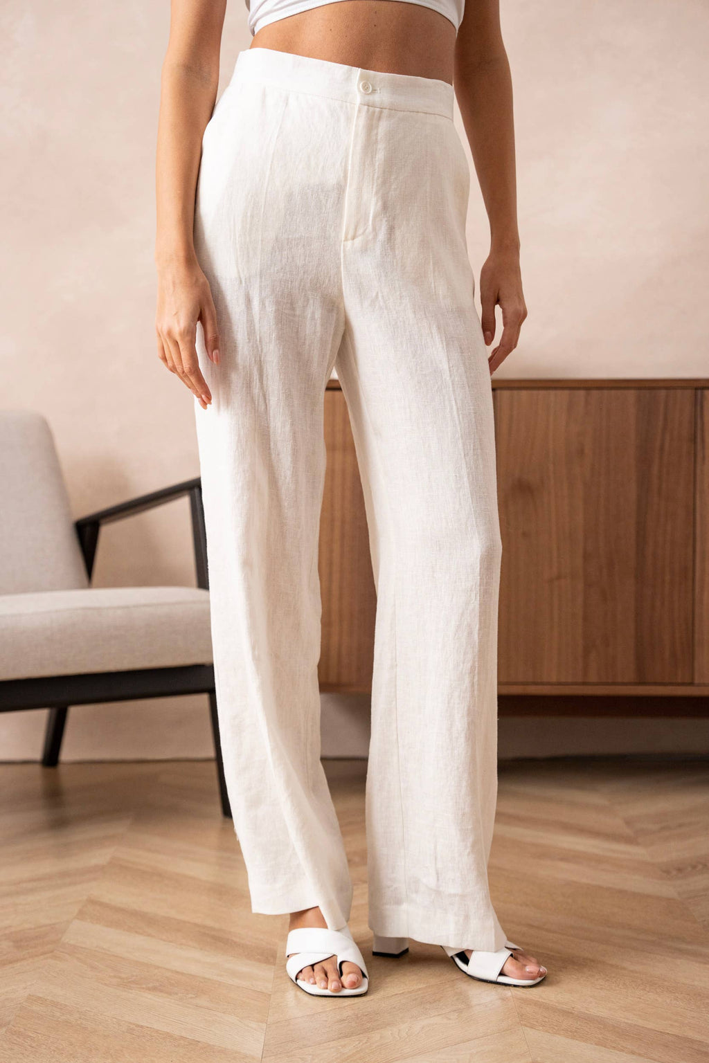 High quality plain straight linen pants: Sx1 Mx1 Lx1 XLx1 / White Attentif Paris