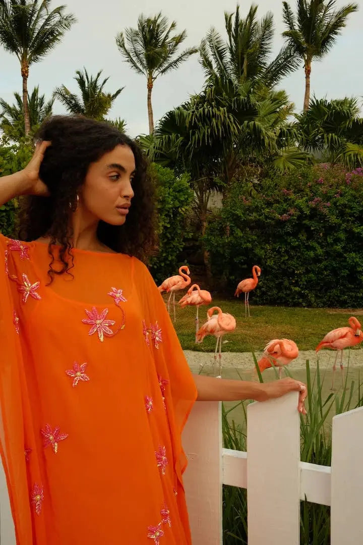 Pitusa Cordelia Beaded Kaftan in Orange pītusa