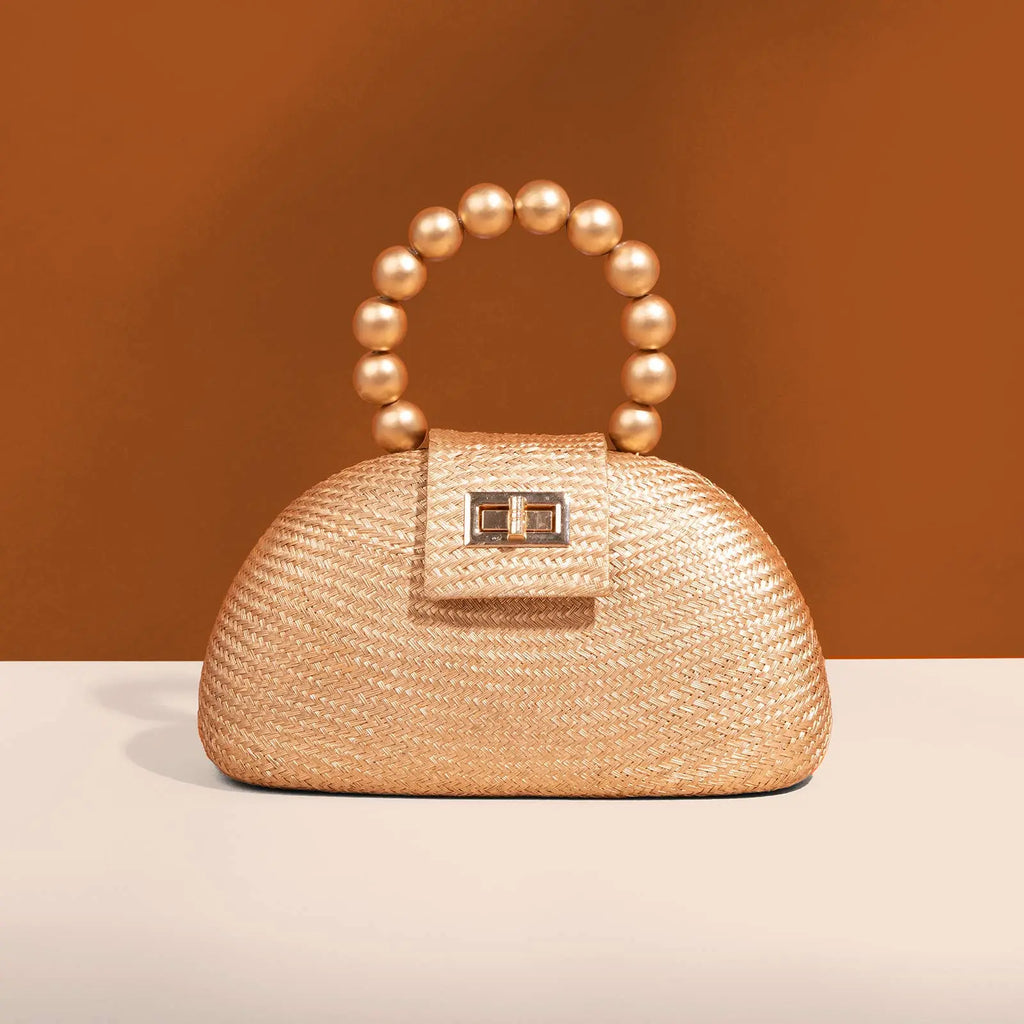 Gold Straw Clutch | Gold Bead Handle | Summer Resort 2025 Soli & Sun