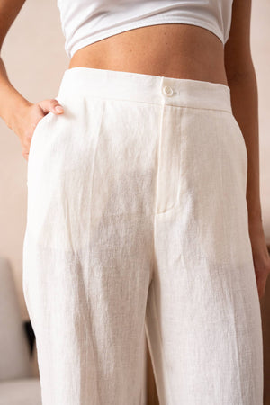 High quality plain straight linen pants: Sx1 Mx1 Lx1 XLx1 / White Attentif Paris