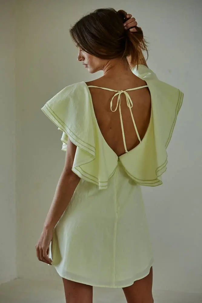 L8113 | Woven Cotton Wide Ruffled Collar Mini Dress : Dusty Lime / L - M