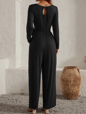 Tied Round Neck Long Sleeve Jumpsuit Trendsi