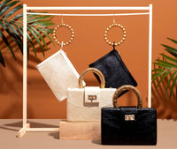Black Woven Luxe Gold Bead Handle Wristlet Pouch  | Summer Soli & Sun