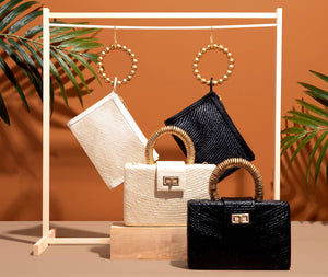 Black Woven Luxe Gold Bead Handle Wristlet Pouch  | Summer Soli & Sun