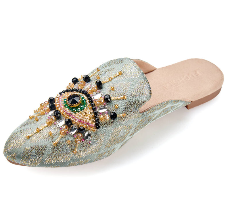 Pointed Toe Artisanal Good Eye Mint Women's Mule Slipper Shoes with Embroidery - Million Dollar Style