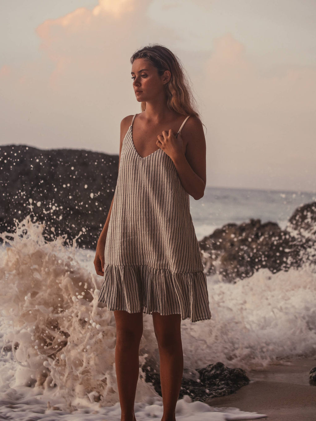 Liv Mini Ruffle Dress - Black Stripes: Black Stripes / One Size The Handloom