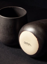 Handmade Stoneware Coffee & Tea Cup | Edan 7.5 oz: Matte Black GHARYAN Stoneware & Olive Wood Tableware