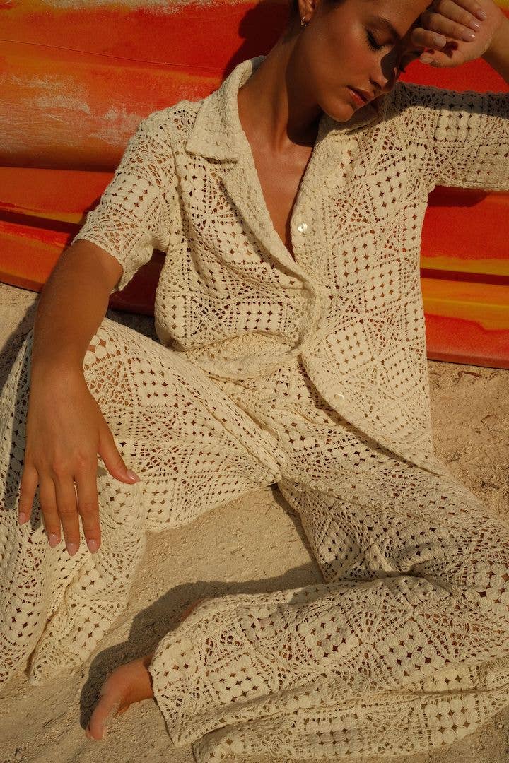 Pitusa Crochet Beach Wide Pants Resort Wear Off White Ecru
