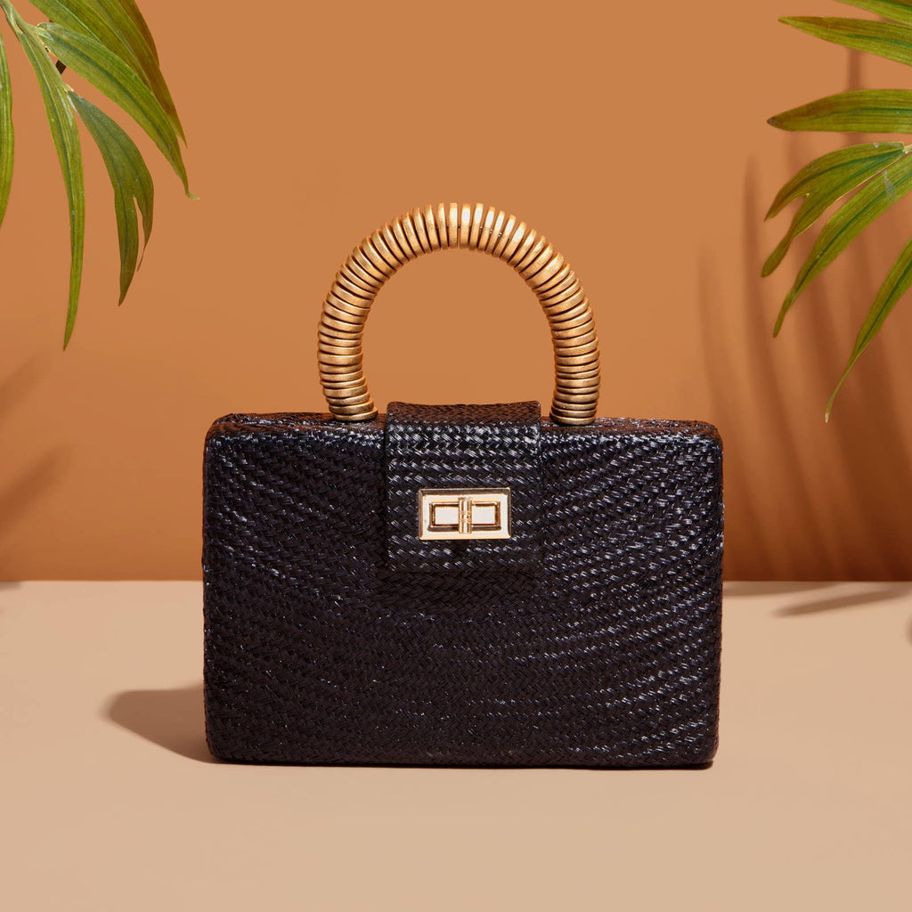 Black Straw Clutch | Gold Bead Handle | Summer Resort 2025 Soli & Sun