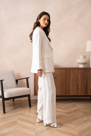 High quality linen straight cut plain blazer jacket: Sx1 Mx1 Lx1 XLx1 / White Attentif Paris