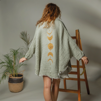 White Crinkle Moon Phases Muslin Kimono Robe / Poncho: White Moa