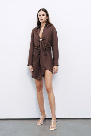 Nocturne Mini Dress with Gold Accessory Detail in Coffee NOCTURNE