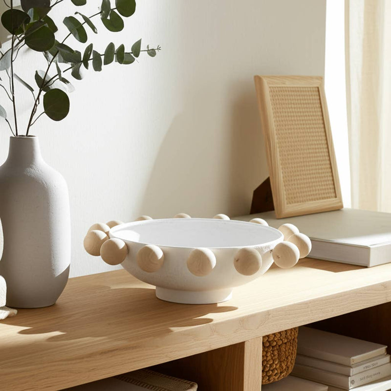 Fir Wood Metal Casual Novelty Sphere Bowl - White, 13 in. Sagebrook Home