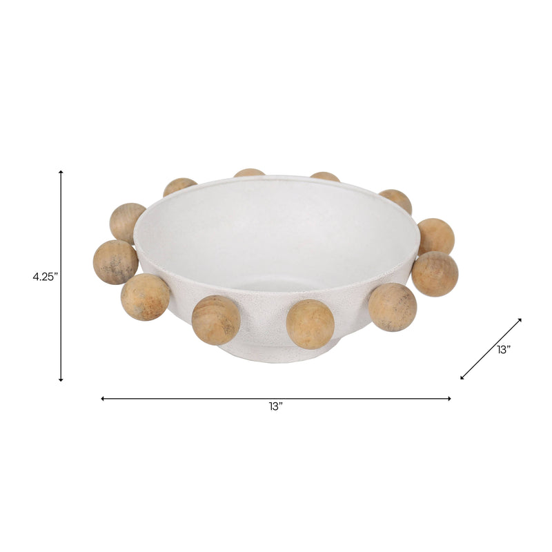 Fir Wood Metal Casual Novelty Sphere Bowl - White, 13 in. Sagebrook Home