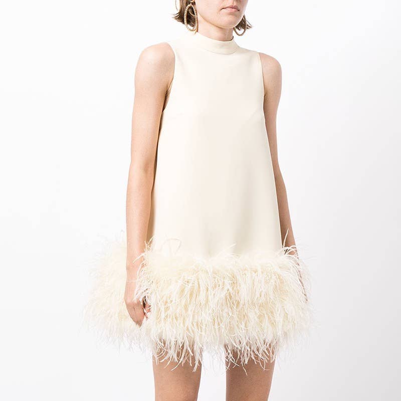 DR043 Ostrich Feather Turtleneck Sleeveless Shift Dress: White / English / L Productseeker