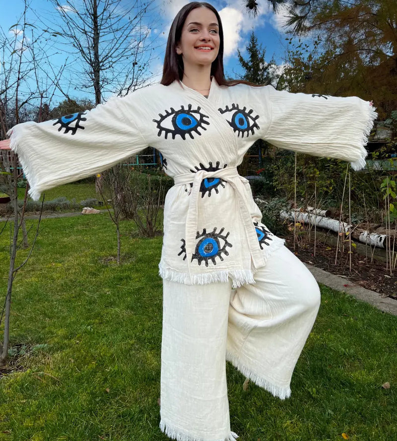 One Size Woman’s Organic Blue Evil Eye Robe Kimono Top Pants Outfit Set Million Dollar Style