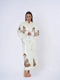 One Size Woman’s Organic Robe Buddha Kimono Beige Brown Million Dollar Style