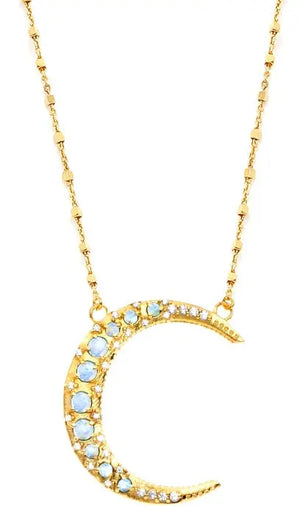 Nayla Jewelry Crescent Moon Rainbow Moonstone CZ Diamonds Necklace