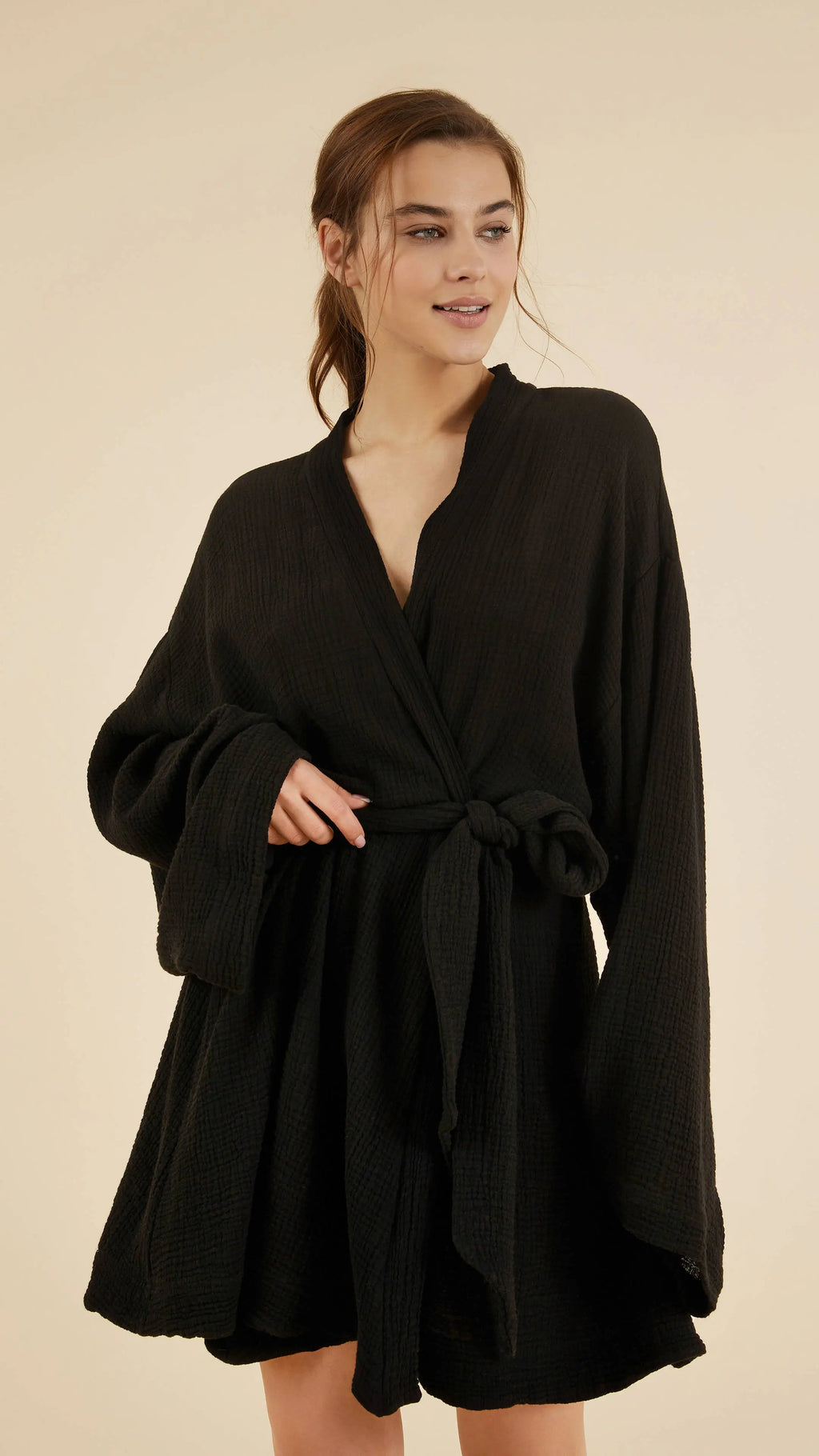 The Handloom Luna Kimono Wrap Robe Dress Black The Handloom