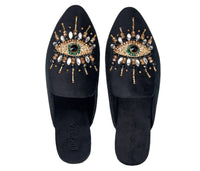 Pointed Toe Artisanal Evil Eye Mules Shoes Black Women's Mule Embroidery - Million Dollar Style