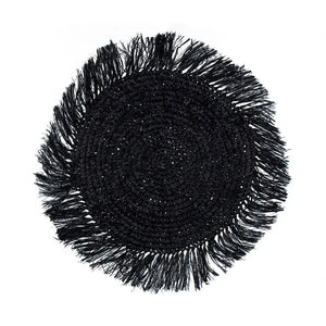 Straw Grass Placemats with Fringe - Black Boho Woven Wicker Bali Harvest