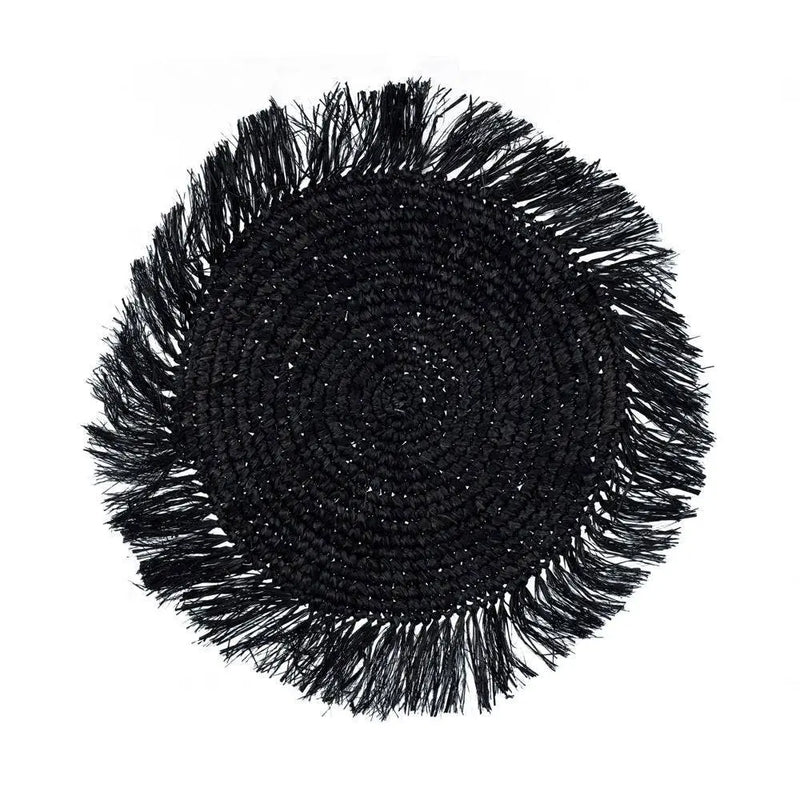 Straw Grass Placemats with Fringe - Black Boho Woven Wicker