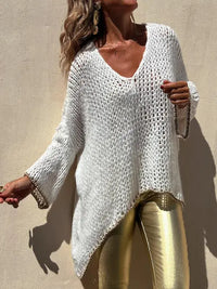 Contrast V-Neck Long Sleeve Sweater Trendsi