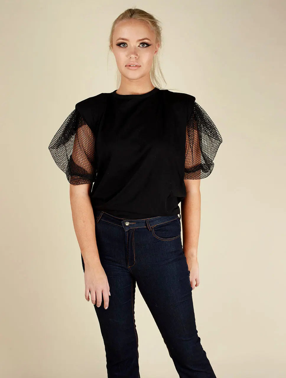 Black Pouf Sleeve Padded Shoulder T-Shirt Top by Katana Million Dollar Style